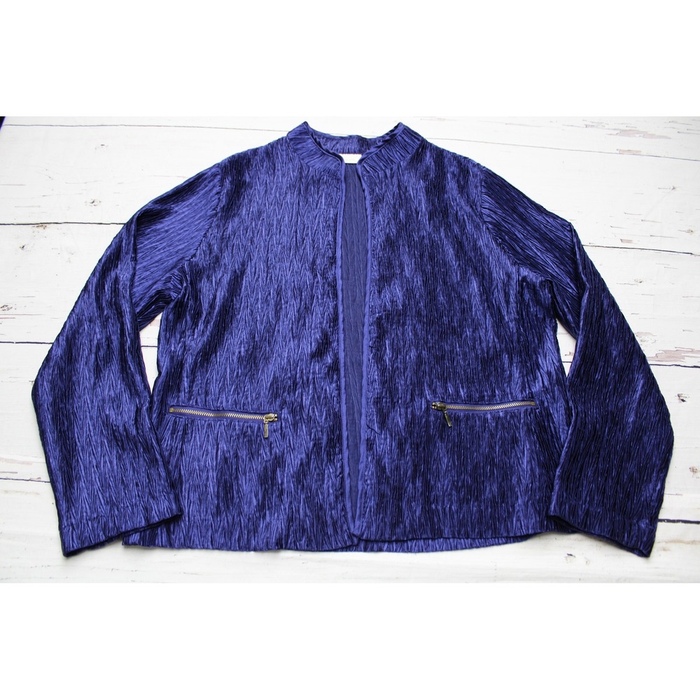 Chico's Royal Blue Crinkle Pleated Open Front Jacket Size 2 Large Zip Pockets